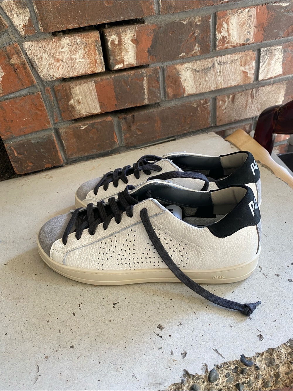 P448 women’s White Leather Sneakers with Black Heel and Gray Toe